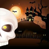 crâne mort avec château hanté dans la scène d'halloween vecteur