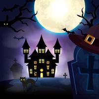 Château hanté avec chat dans la nuit noire scène d'halloween