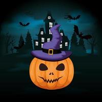 citrouille d'halloween avec château dans la nuit noire vecteur