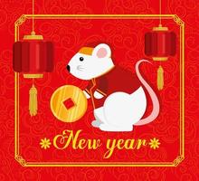 bonne année chinoise avec rat et décoration vecteur