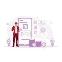 content Jeune homme en utilisant le portable et recherche pour information en utilisant l'Internet bancaire service. l'Internet bancaire concept. tendance moderne vecteur plat illustration