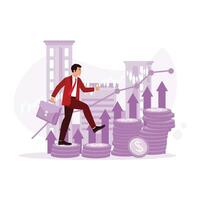 homme d'affaire en marchant sur une pile de pièces de monnaie avec une en hausse financier graphique. investissement et Stock scène concept. tendance moderne vecteur plat illustration