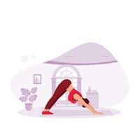 Jeune femme pratiquant yoga dans le maison. méditer et étendue sur le tapis. tendance moderne vecteur plat illustration.