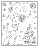 coloration page de une décoré Noël arbre, Shanta noël, balle, cloche, bonhomme de neige et cadeaux. vecteur noir et blanc illustration sur blanc Contexte.