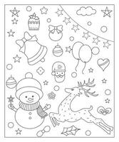 coloration page de une décoré Noël arbre, Shanta noël, balle, cloche, bonhomme de neige et cadeaux. vecteur noir et blanc illustration sur blanc Contexte.