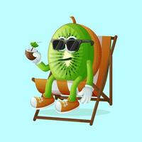 kiwi personnage relaxant sur une plage chaise vecteur