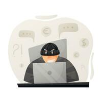 vecteur isolé illustration de une voleur ou escroc dans cagoule travail à une portable. concept de en ligne social médias ou l'Internet fraude, cybercriminalité.