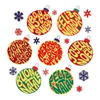 sensationnel Noël différent langues coloré caractères ensemble. main tiré slogan joyeux Noël dans Français, Allemagne, Espagnol, italien, polonais, Portugais. typographique plat isolé autocollants vecteur