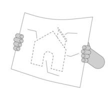 en portant rédaction bâtiment plan dessin animé Humain mains contour illustration. Accueil construction plan présentation 2d isolé noir et blanc vecteur image. remodeler plat monochromatique dessin agrafe art