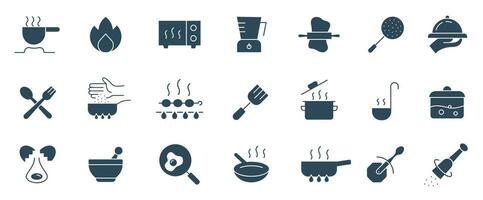 cuisine solide icône ensemble. cuisine outils ébullition, friture, poêle, pot, cuillère, nourriture et dîner Icônes vecteur illustration