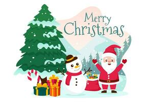 joyeux Noël vecteur illustration avec Père Noël noël, babiole balle, cadeau boîte, surprise cadeaux, des arbres et neige Contexte dans plat dessin animé conception
