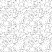 sans couture modèle avec vecteur main tiré lotus fleurs et bourgeons, énorme feuilles, noir ligne art illustration. contour floral dessin pour emballage conception, textile, couvertures, scrapbooking, typographie