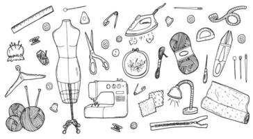 couture et adaptation outils, couture mannequin, machine, mesure et Coupe fournitures, noir contour vecteur rond concept
