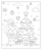 coloration page de une décoré Noël arbre avec cadeaux. vecteur noir et blanc illustration sur blanc Contexte.