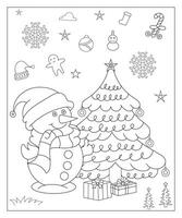 coloration page de une décoré Noël arbre avec cadeaux. vecteur noir et blanc illustration sur blanc Contexte.