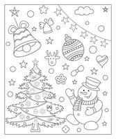 coloration page de une décoré Noël arbre, Shanta noël, balle, cloche, bonhomme de neige et cadeaux. vecteur noir et blanc illustration sur blanc Contexte.