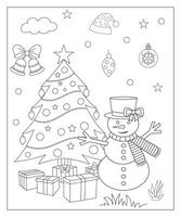 coloration page de une décoré Noël arbre avec cadeaux. vecteur noir et blanc illustration sur blanc Contexte.