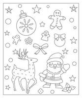 coloration page de une décoré Noël arbre, Shanta noël, balle, cloche, bonhomme de neige et cadeaux. vecteur noir et blanc illustration sur blanc Contexte.