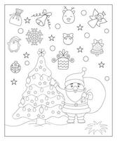 coloration page de une décoré Noël arbre avec cadeaux. vecteur noir et blanc illustration sur blanc Contexte.