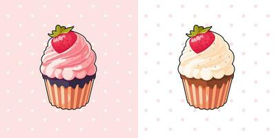 fraise petits gâteaux, vanille fouetter crème, sucré boulangerie des produits, muffin, boulangerie désert. vecteur illustration dessin animé kawaii conception