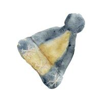 main tiré aquarelle illustration. de laine rayé bleu indigo beige tricoté chapeau bonnet avec pompons, Fait main éco porter. Célibataire objet isolé sur blanc Contexte. pour boutique, logo, imprimer, papier, carte vecteur