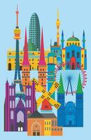 monde célèbre Voyage endroit coloré bâtiment et monument, amusement parc avec célèbre Repères dans L'Europe  vecteur illustration.