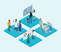 isométrique soins de santé concept avec médecins et les patients sur le bleu Contexte vecteur illustration