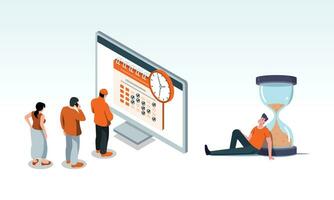 temps la gestion concept. plat 3d isométrique vecteur illustration. une homme séance sur le sol près gros ordinateur moniteur avec temps la gestion calendrier.