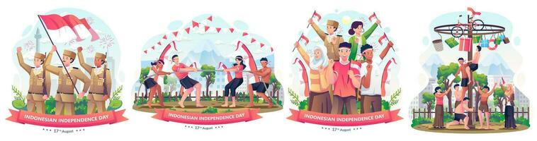 ensemble de gens célébrer l'indonésie indépendance journée sur août 17e illustration vecteur