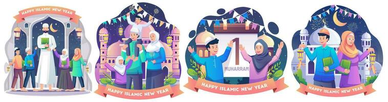 ensemble de famille musulmane célébrant le nouvel an islamique avec le festival des torches. illustration vectorielle de style plat vecteur