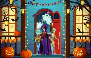 Halloween vacances personnages sur effrayant maison porche vecteur