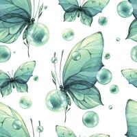 délicat turquoise et bleu papillons avec bulles sont aéré, lumière, belle. main tiré aquarelle illustration. sans couture modèle sur une blanc Contexte pour tissu, textile, fond d'écran, emballage vecteur