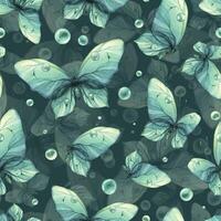 délicat turquoise et bleu papillons avec bulles sont aéré, lumière, belle. main tiré aquarelle illustration. sans couture modèle sur une foncé Contexte pour tissu, textile, fond d'écran, emballage vecteur