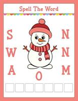 Noël orthographe mot brouiller Jeu éducatif activité pour des gamins avec mot bonhomme de neige vecteur