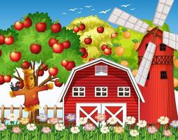 scène de ferme avec grange rouge et moulin à vent vecteur
