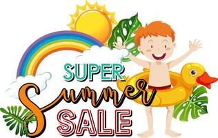 bannière de logo de super vente d'été avec un personnage de dessin animé de garçon vecteur