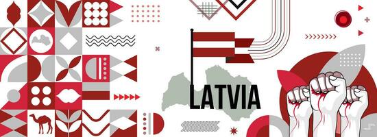 carte et drapeau de Lettonie pour nationale ou indépendance journée bannière avec élevé mains ou poings., drapeau couleurs thème Contexte et géométrique abstrait rétro moderne coloré conception vecteur