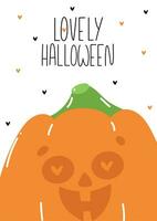 main tiré citrouille avec cœur yeux pour des gamins carte postale. content charmant mignonne Halloween vecteur affiche pour les enfants faire la fête.