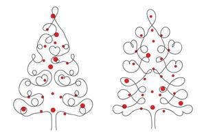 main tiré mince continu ligne Noël arbre avec cœurs symbole vecteur, un ligne pin sapin arbre romantique relation l'amour signe, minimaliste contour Célibataire ligne art vacances cartes décorations vecteur