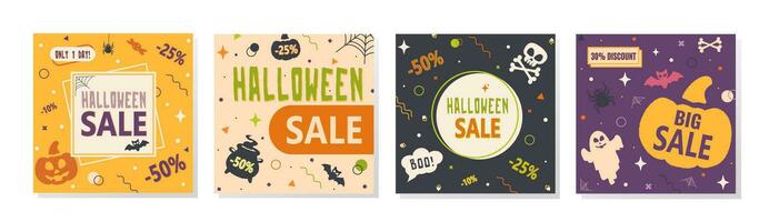 ensemble de vecteur modèles de content Halloween vente affiches avec symboles de Halloween et éléments de memphis style. quatre des illustrations pour promotion et social médias commercialisation