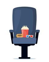 cinéma fauteuil avec un soda, pop corn et 3d lunettes. cinéma affiche, bannière conception pour film théâtre. vecteur illustration.