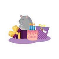 dessin animé hippopotame avec conception de vecteur joyeux anniversaire