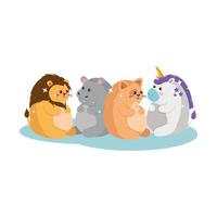 conception de vecteur de dessin animé licorne lion hippopotame et chat