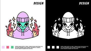 extraterrestre avec bonnet et sweat à capuche en feu, illustration pour t-shirt vecteur