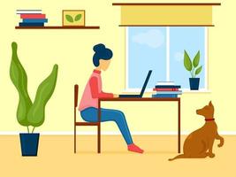 femme travaillant sur ordinateur portable à la maison avec animal de compagnie. lieu de travail à côté de la fenêtre vecteur