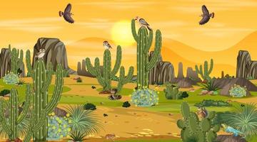 paysage de forêt désertique au coucher du soleil avec des animaux et des plantes du désert vecteur