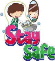 restez en sécurité logo avec un garçon se lavant les mains avec un robinet d'eau vecteur