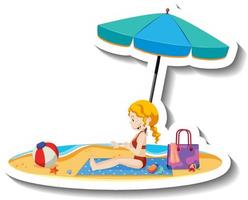 fille assise sur un tapis de plage avec des objets de plage d'été vecteur