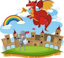 les chevaliers se battent avec le dragon au château vecteur