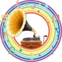 gramophone dans un cadre rond arc-en-ciel avec symboles mélodiques vecteur